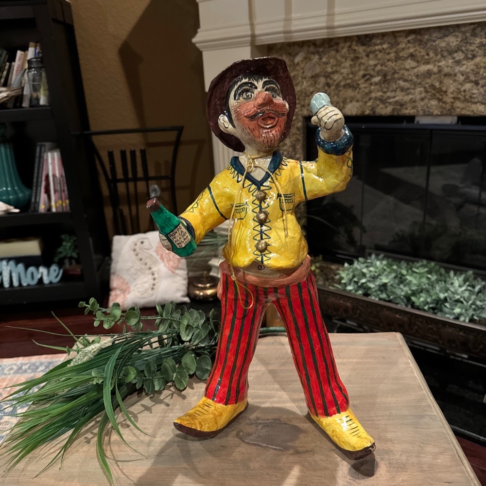 Mexican Vintage Paper Mache Figurine Folk Art Statue Handmade Old Man Drinking